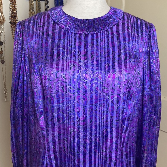 Vintage 80s Paisley Pleated Belted Midi Dress Sz 10 - Picture 5 of 12